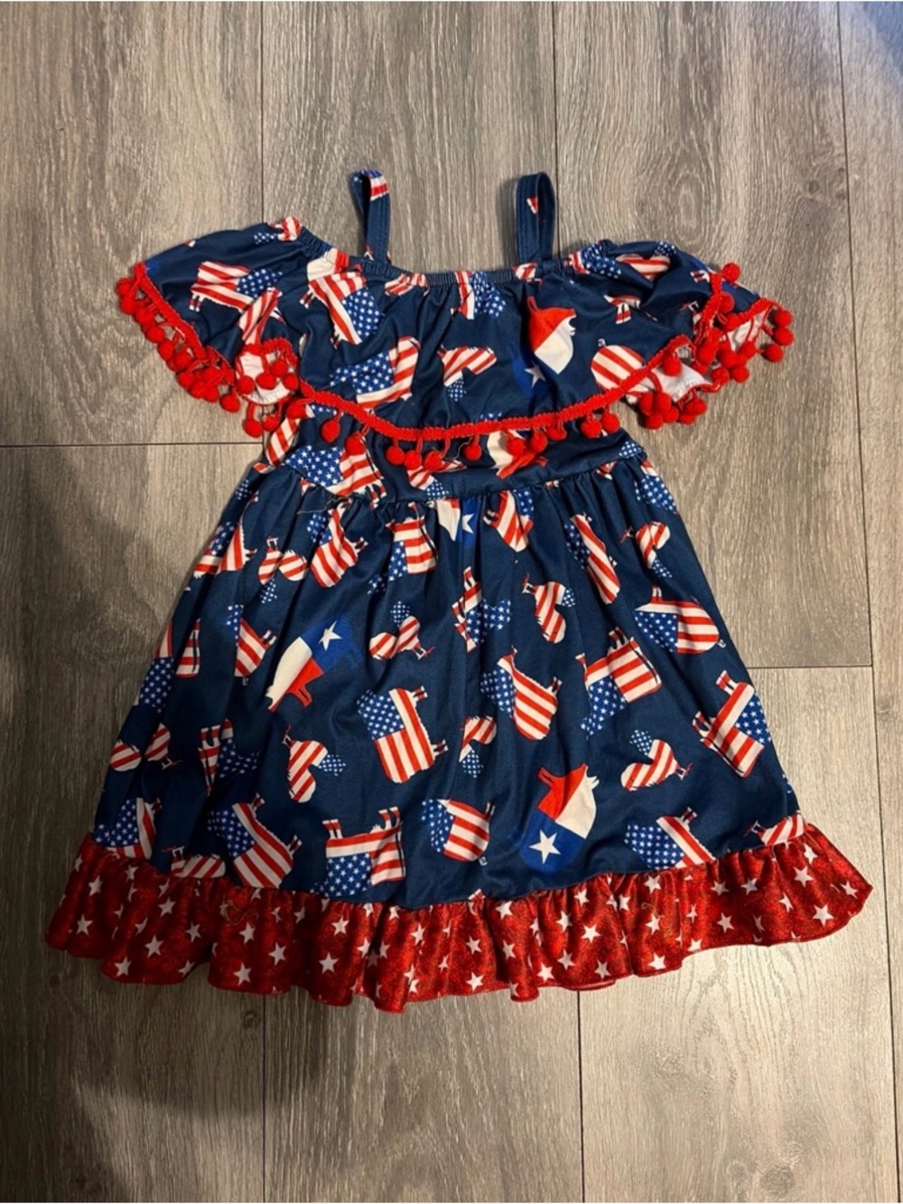Girls American Flag Navy Red White Patriotic Off-Shoulder Dress Small